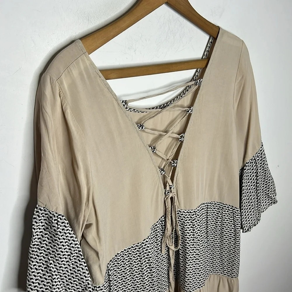 Easel Boho Tiered Prairie Dress Lace Up Back Flare Sleeve Small - Picture 5 of 9